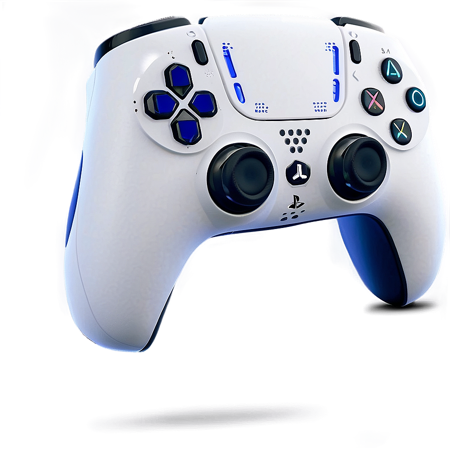 PS5 Controller Texture PNG huo8 PNG — A sleek white PlayStation 5 controller with glowing blue accents and illuminated buttons against a soft gradient background.