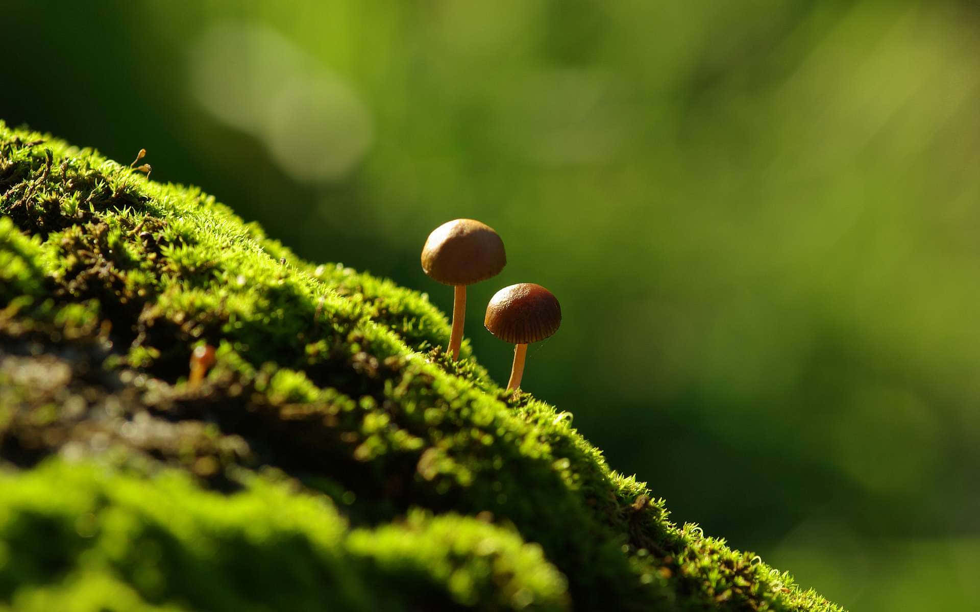 Psilocybe Fungus On Mossy Soil Background