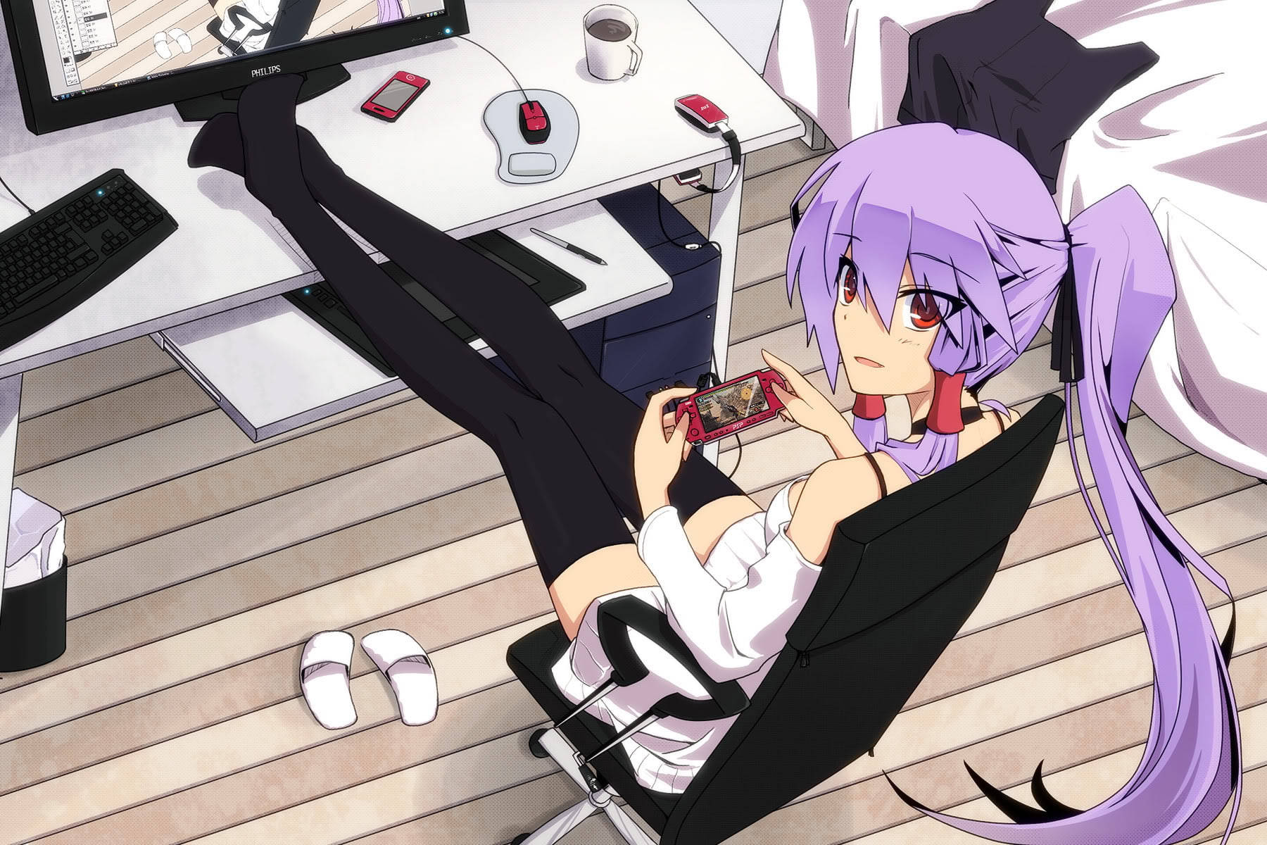 Psp Anime Girl Playing By Desk Wallpaper