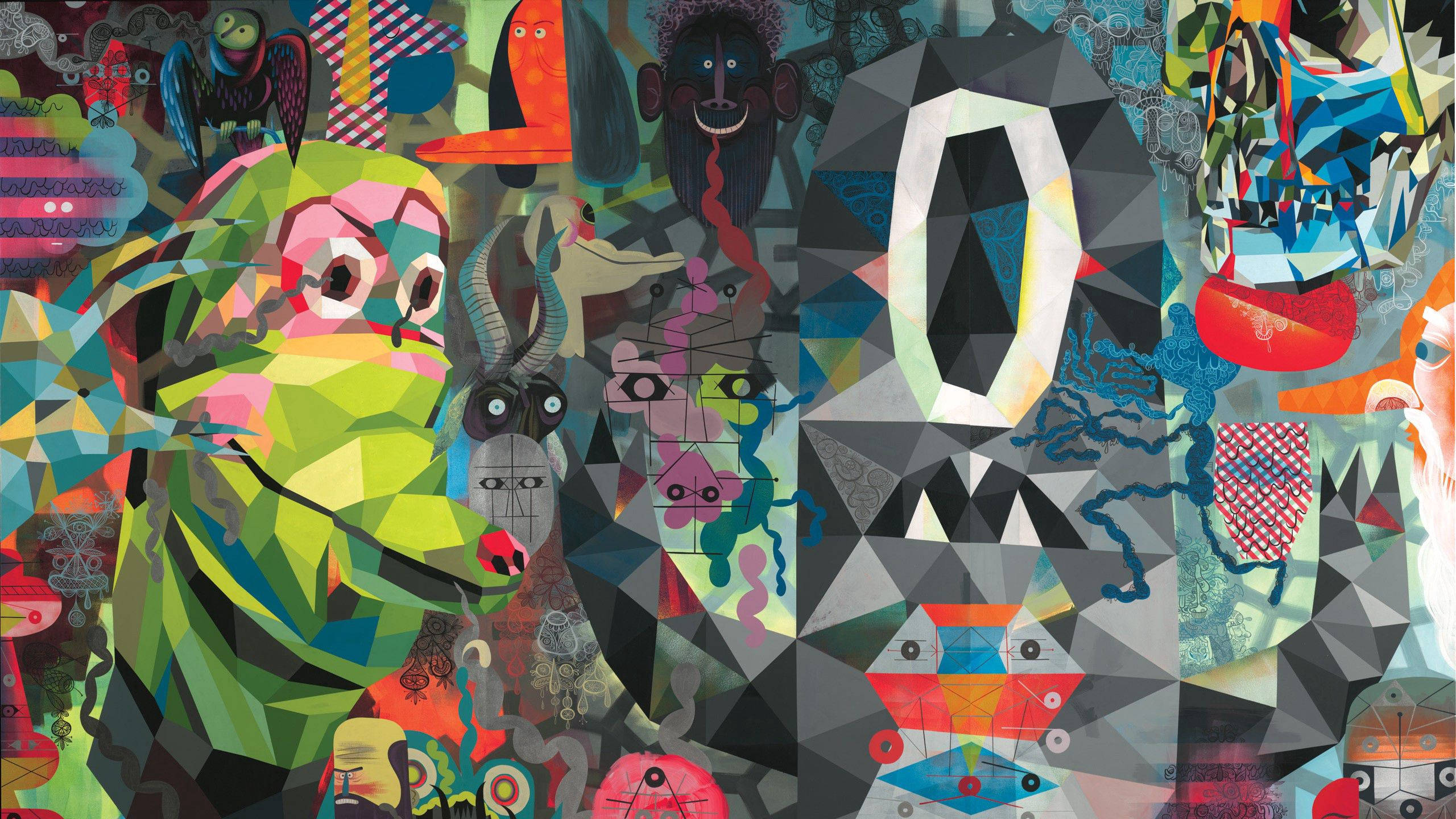 Poly Sphere Psychedelic Art Wallpaper — A vibrant collage of geometrically stylized cartoon creatures and abstract shapes in bold colors.