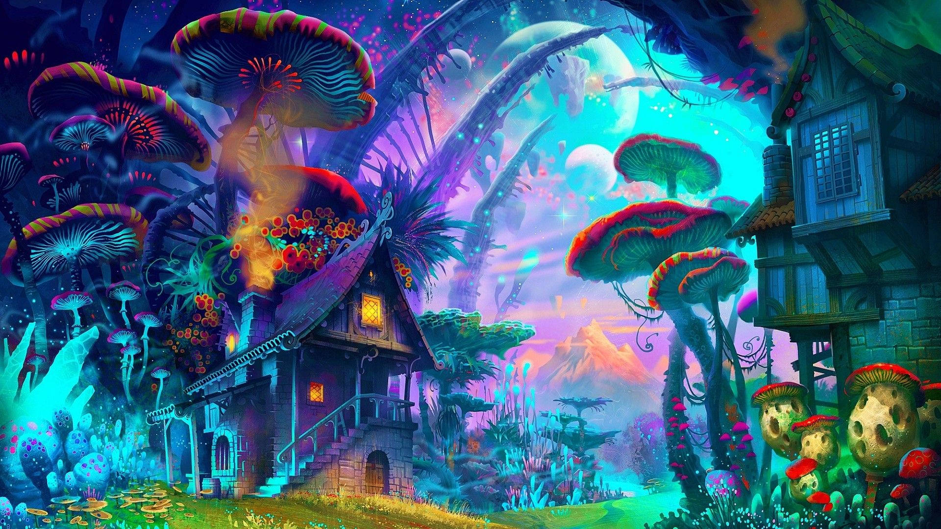 Beautiful luminescent psychedelic wallpaper of houses with nature.