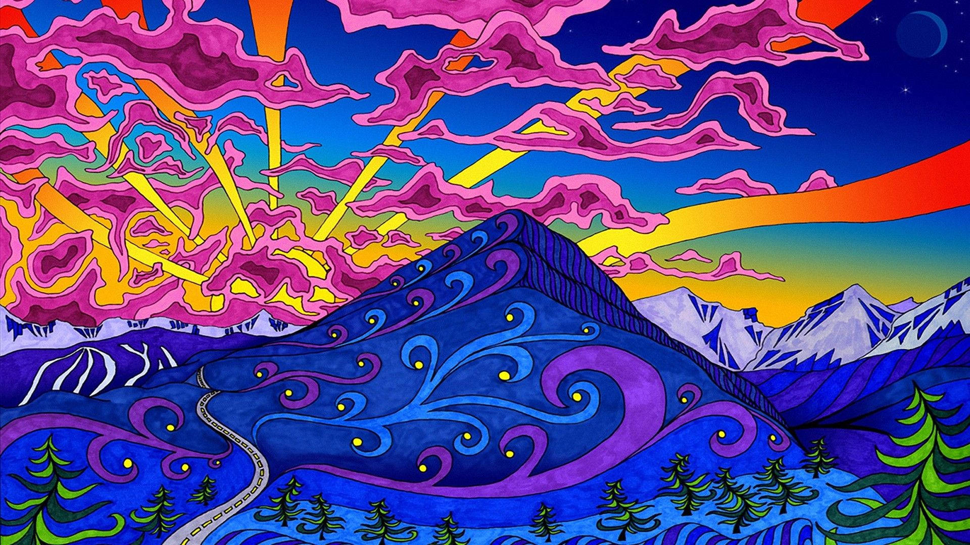 Psychedelic mountain art in vibrant blue colors wallpaper.