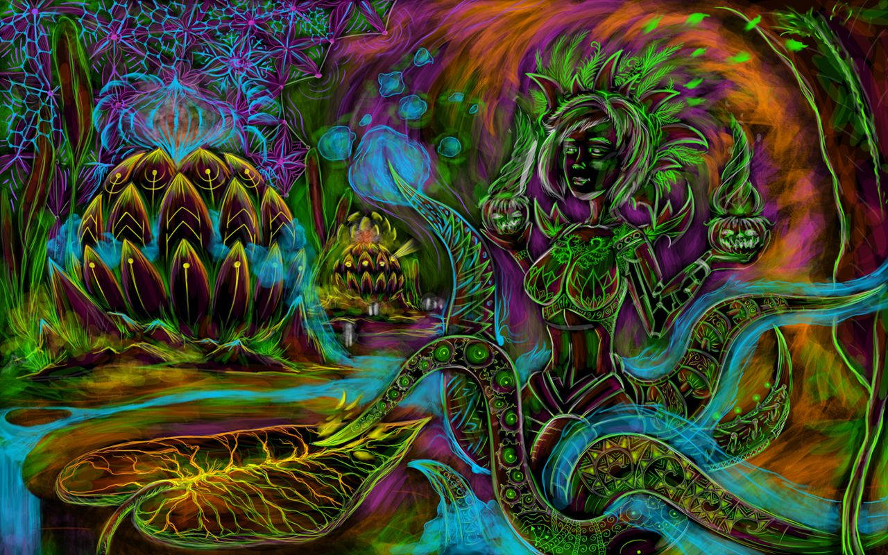 A psychedelic wallpaper of half woman and half octopus creature.