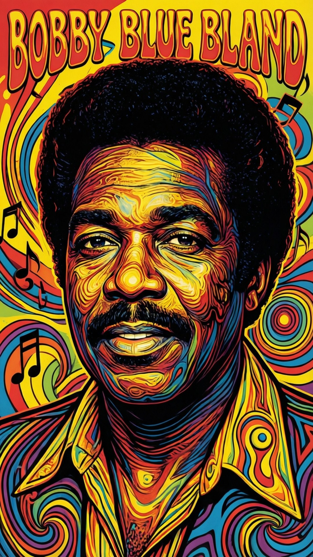 Färgglad psykedelisk illustration av jazzmusikern Bobby Blue Bland med virvlande musiknoter.