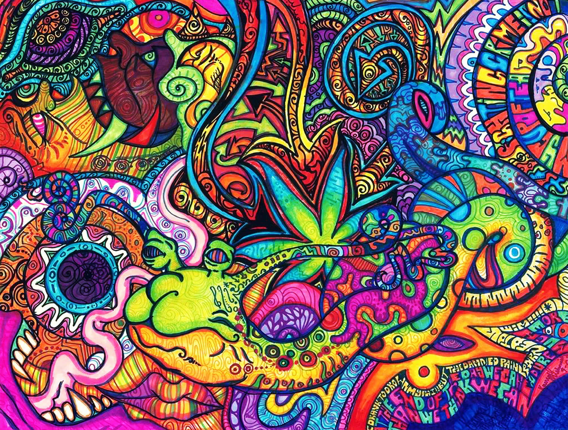 Et farverigt psykedelisk kunstværk med mange farverige design og kraftige former Wallpaper