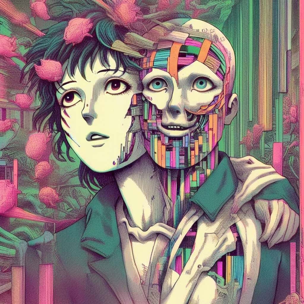 Psychedelic Dual Faces Anime Art Wallpaper