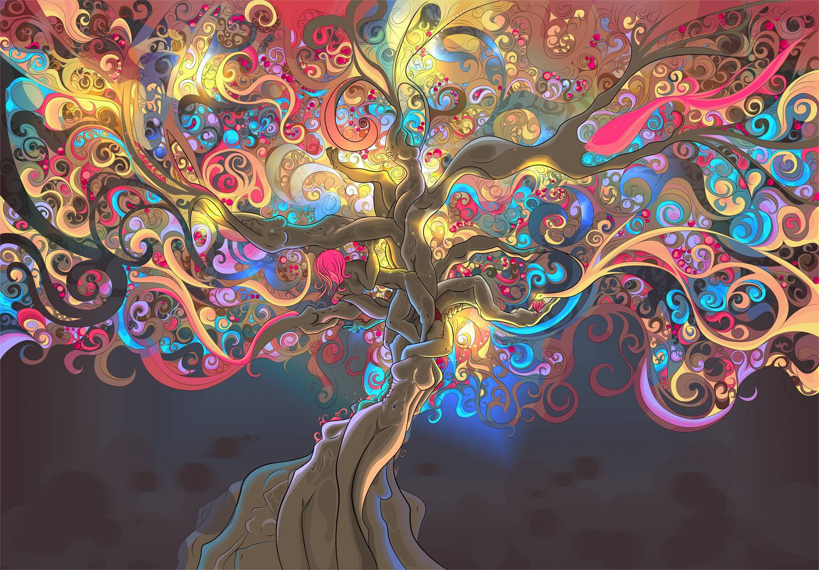 A psychedelic wallpaper art of intertwined female bodies forming tree.