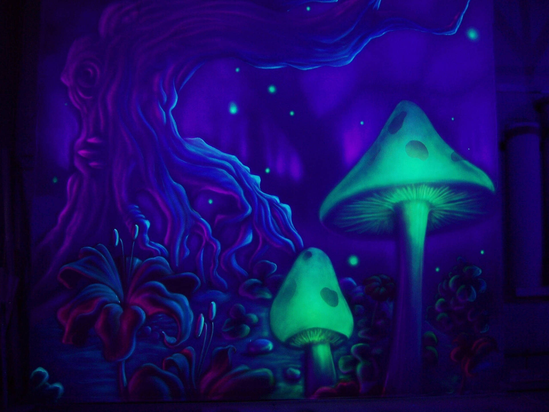 A Purple Painting With Mushrooms And Trees Wallpaper