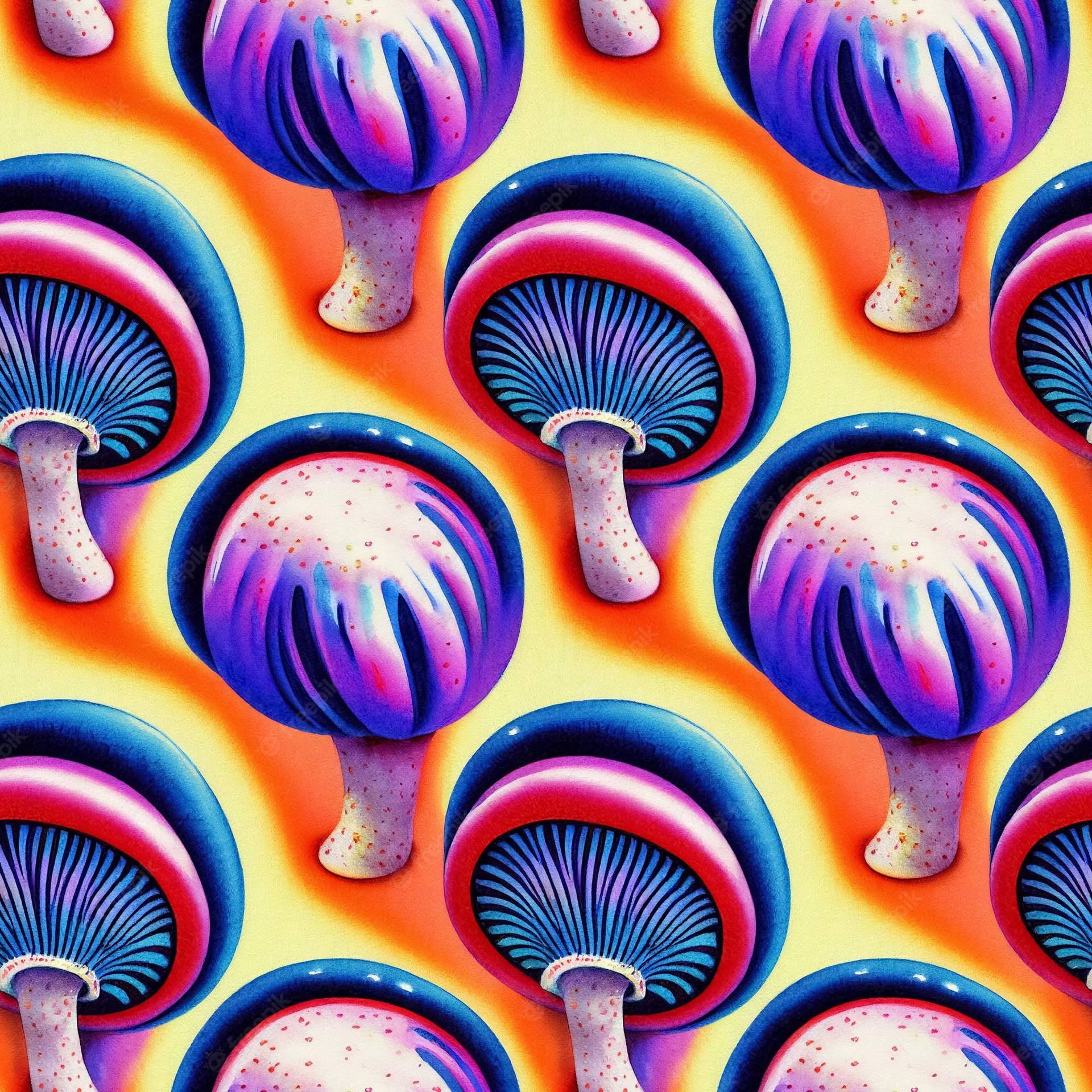 A Colorful Pattern Of Mushrooms On A Yellow Background Wallpaper