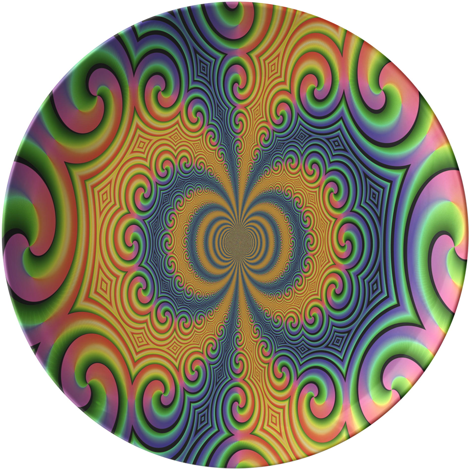 Psychedelic Pattern Plate PNG — A mesmerizing circular fractal pattern with swirling rainbow colors radiating from a central vortex against a black background.
