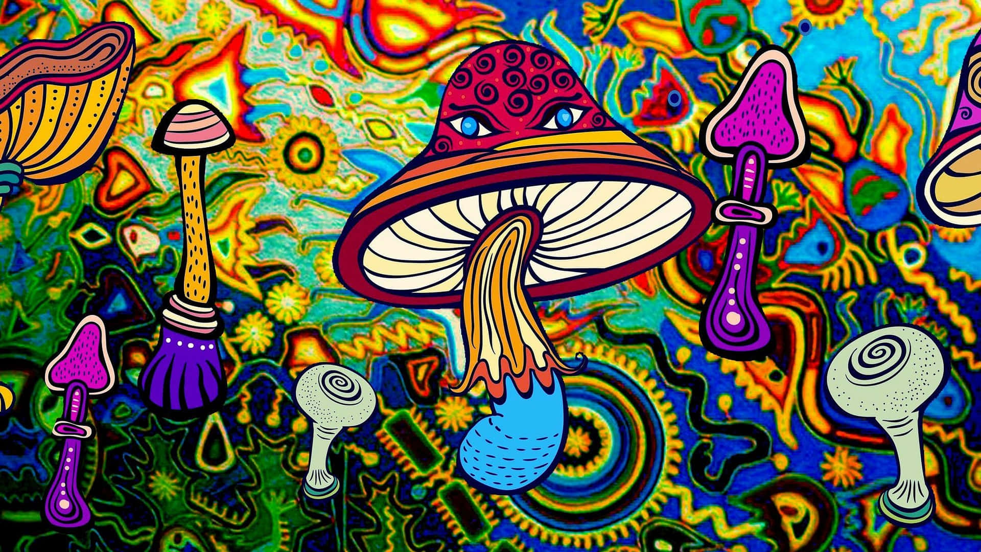 Psychedelic Mushrooms And Other Colorful Objects In A Colorful Background