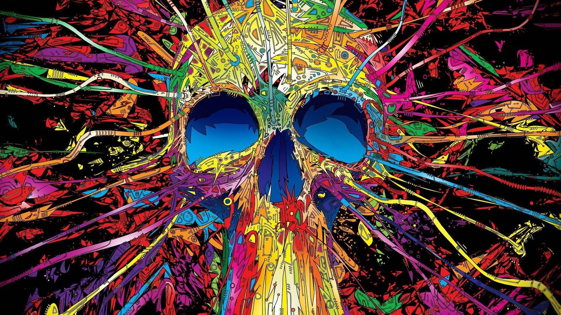 Striking skull with wires psychedelic art wallpaper.