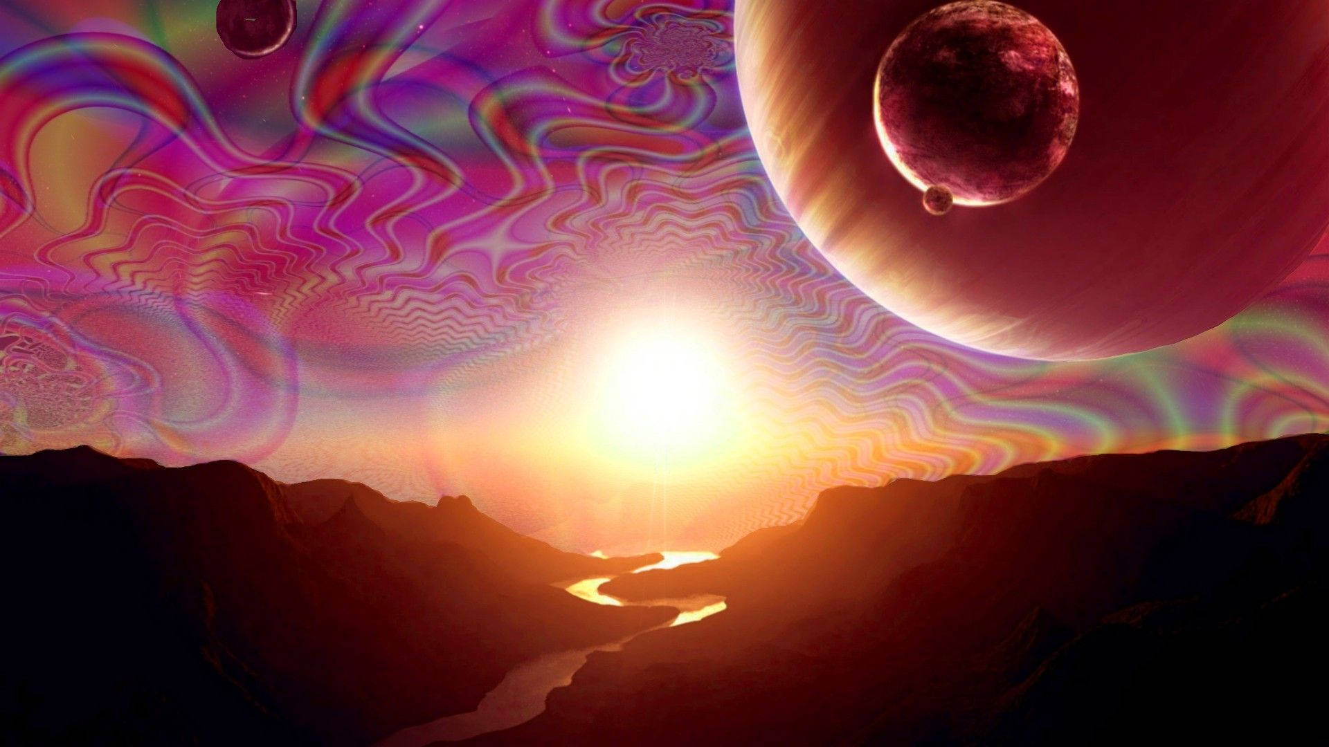 A psychedelic wallpaper of sky with celestial bodies and bright sunset.