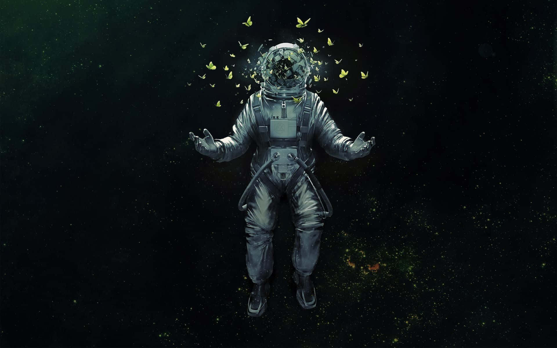 Einmann In Einem Astronautenanzug Mit Schmetterlingen, Die Um Ihn Herum Fliegen. Wallpaper