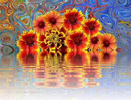 Psychedelic Summer Flowers Reflection PNG