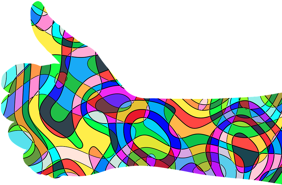 Psychedelic Thumbs Up Pattern PNG — A vibrant abstract hand giving a thumbs up filled with swirling multicolored patterns against a black background.