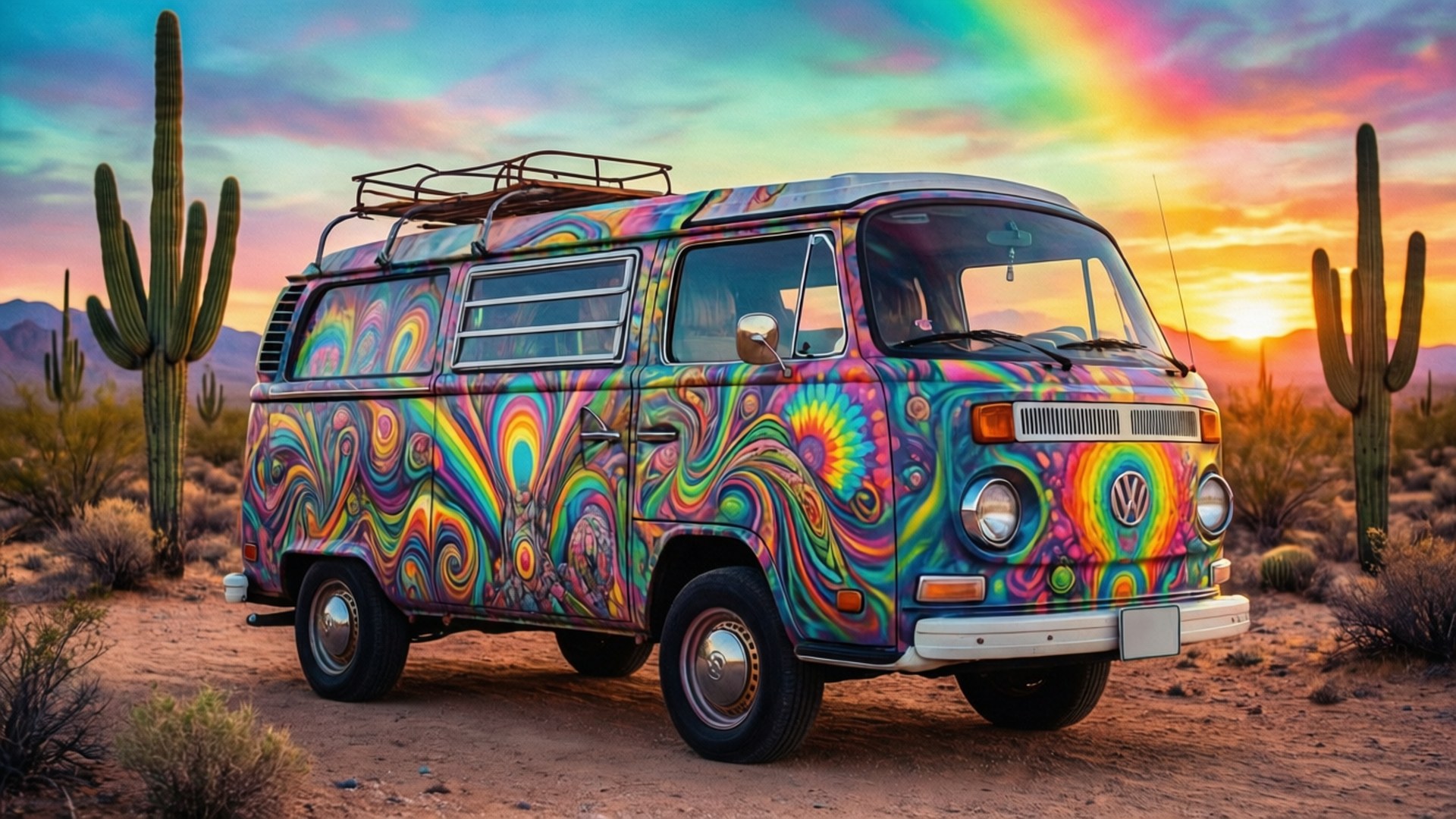 A vintage trippy retro aesthetic van with psychedelic paint in the desert.