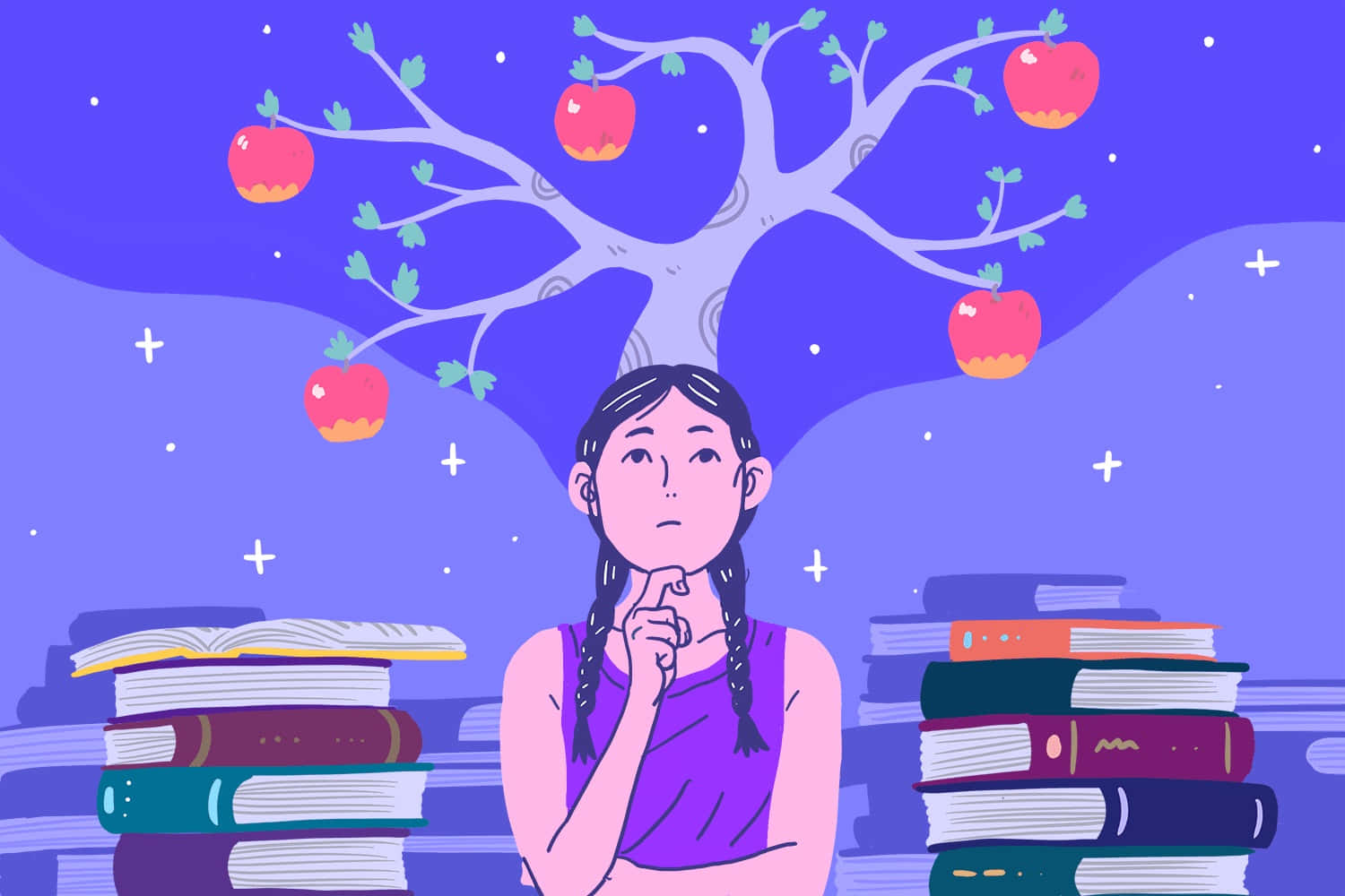 Einmädchen Sitzt Vor Einem Baum Mit Büchern.