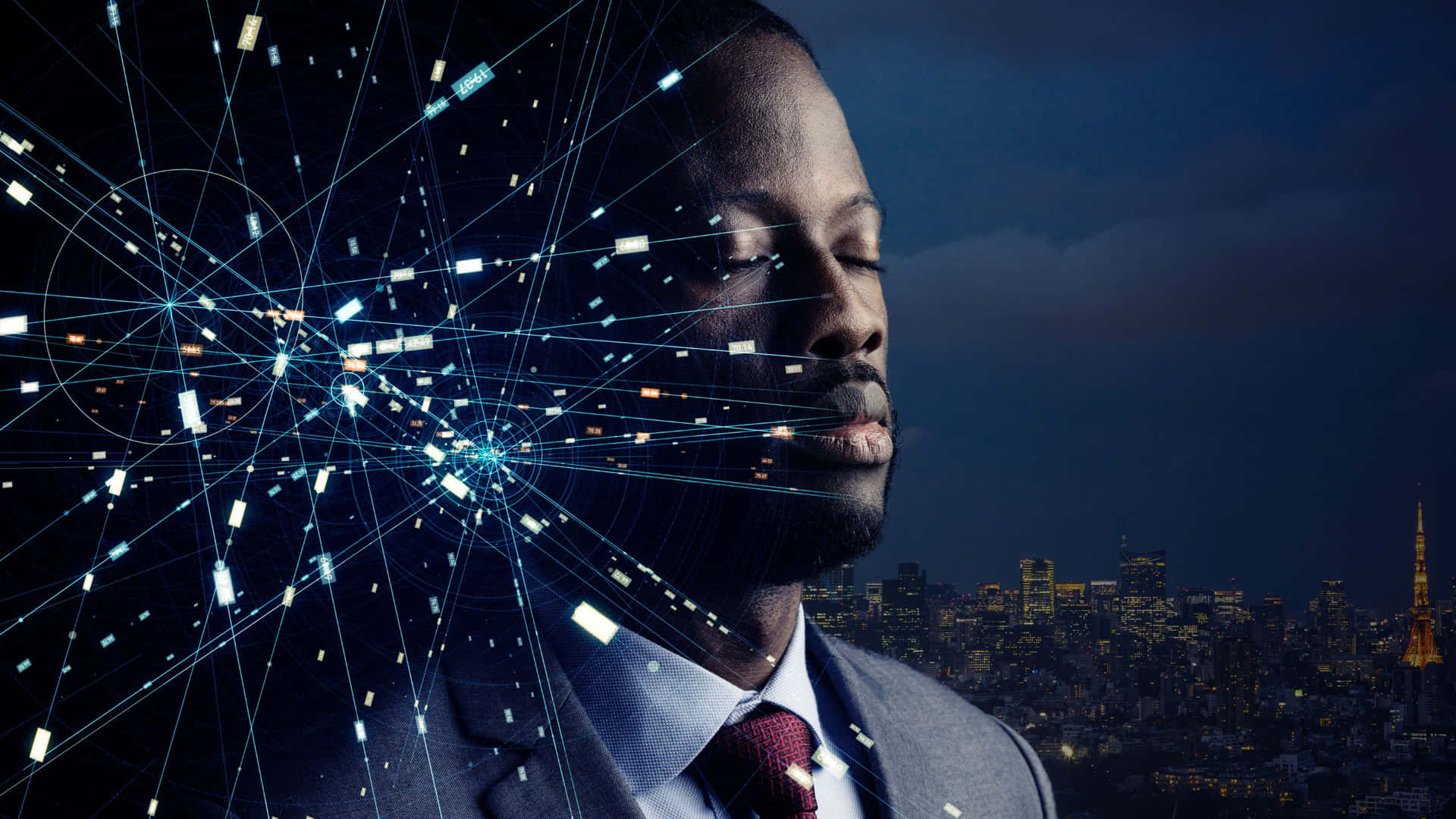 A Man In A Suit With A Network Of Lines On His Head