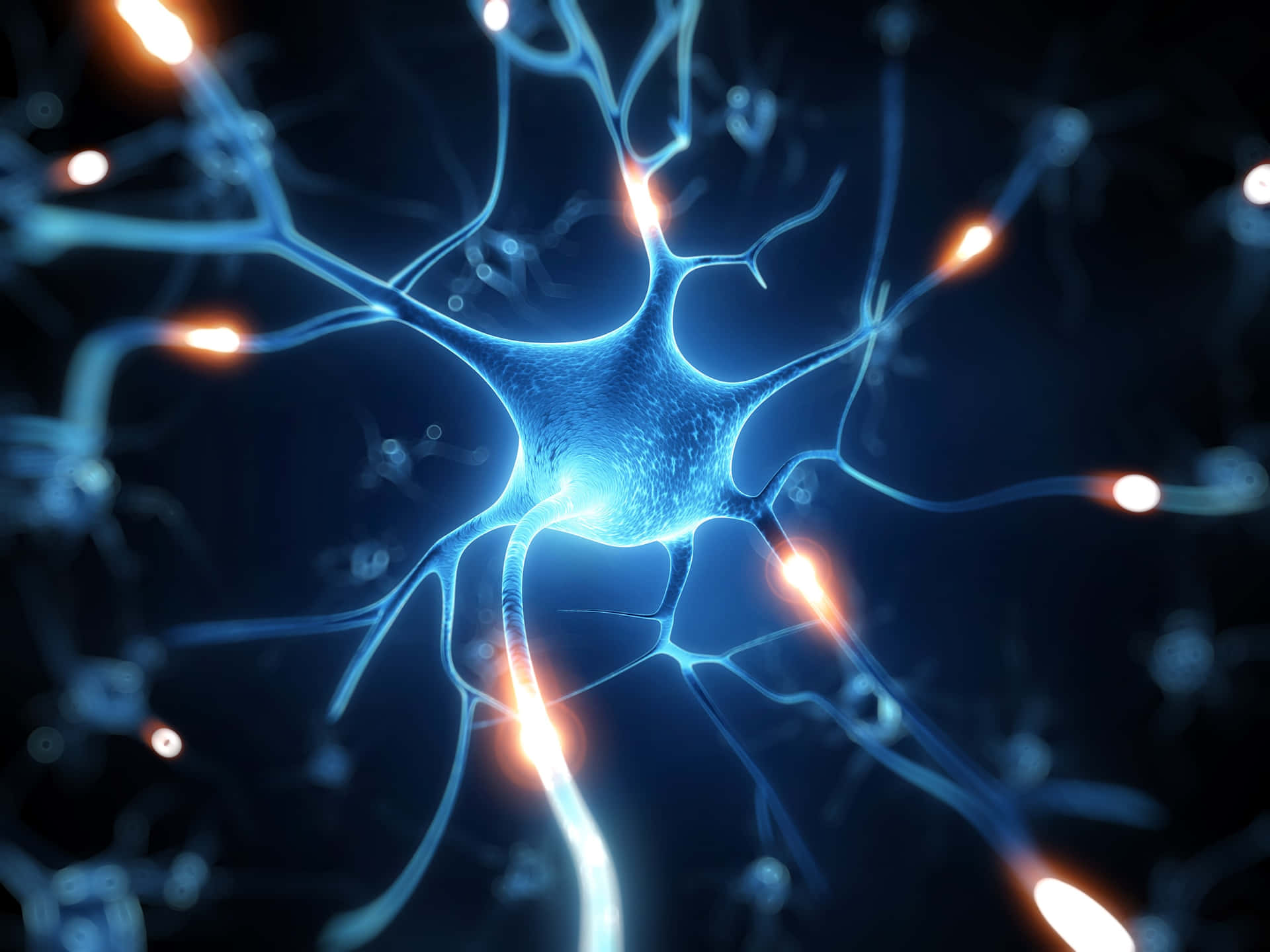 A Neuron With Blue Lights And A Dark Background