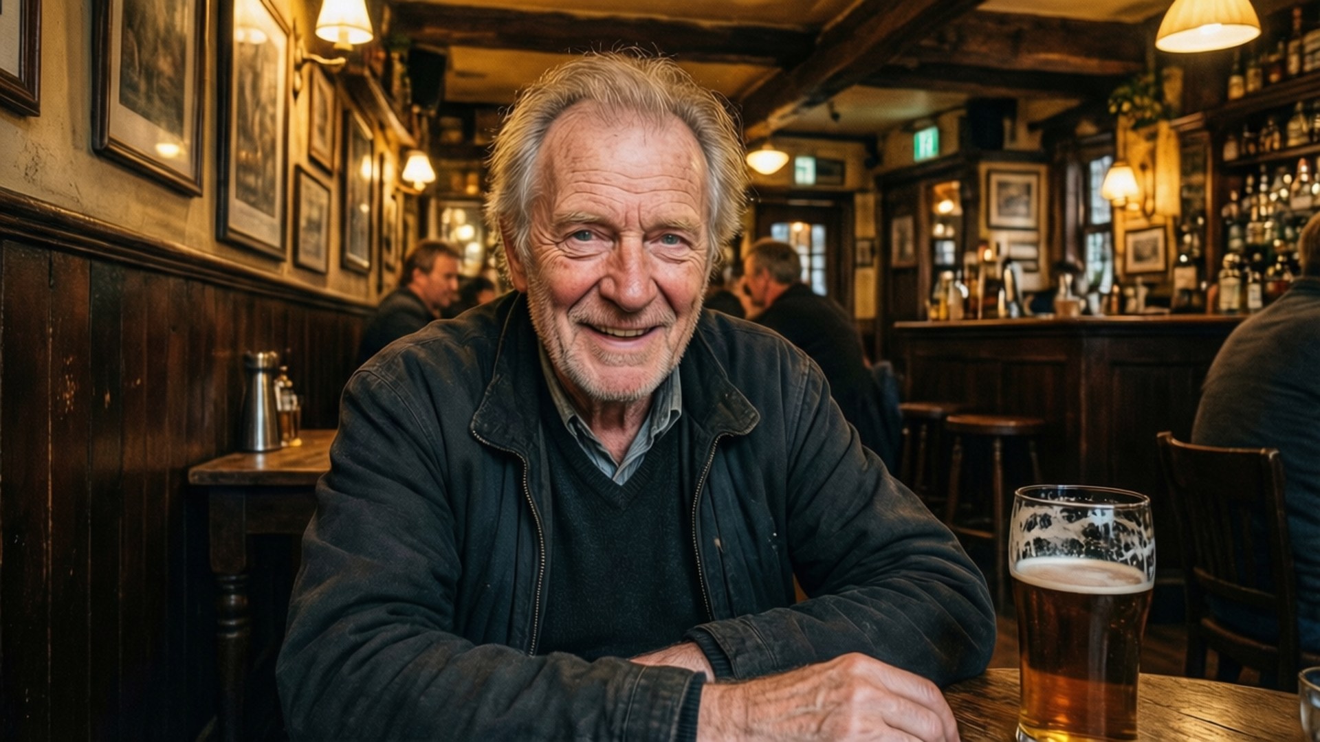 Jim Broadbent nyter en halvliter i en tradisjonell engelsk pub.