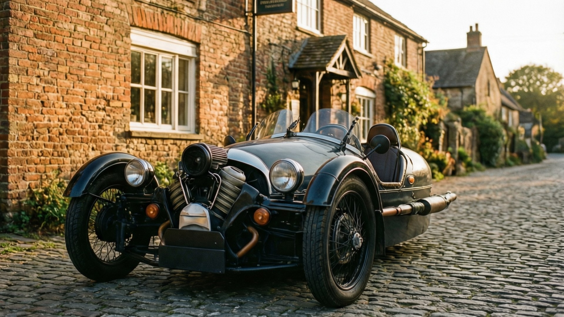 Morgan 3 Wheeler parked outside a quaint British pub in golden hour