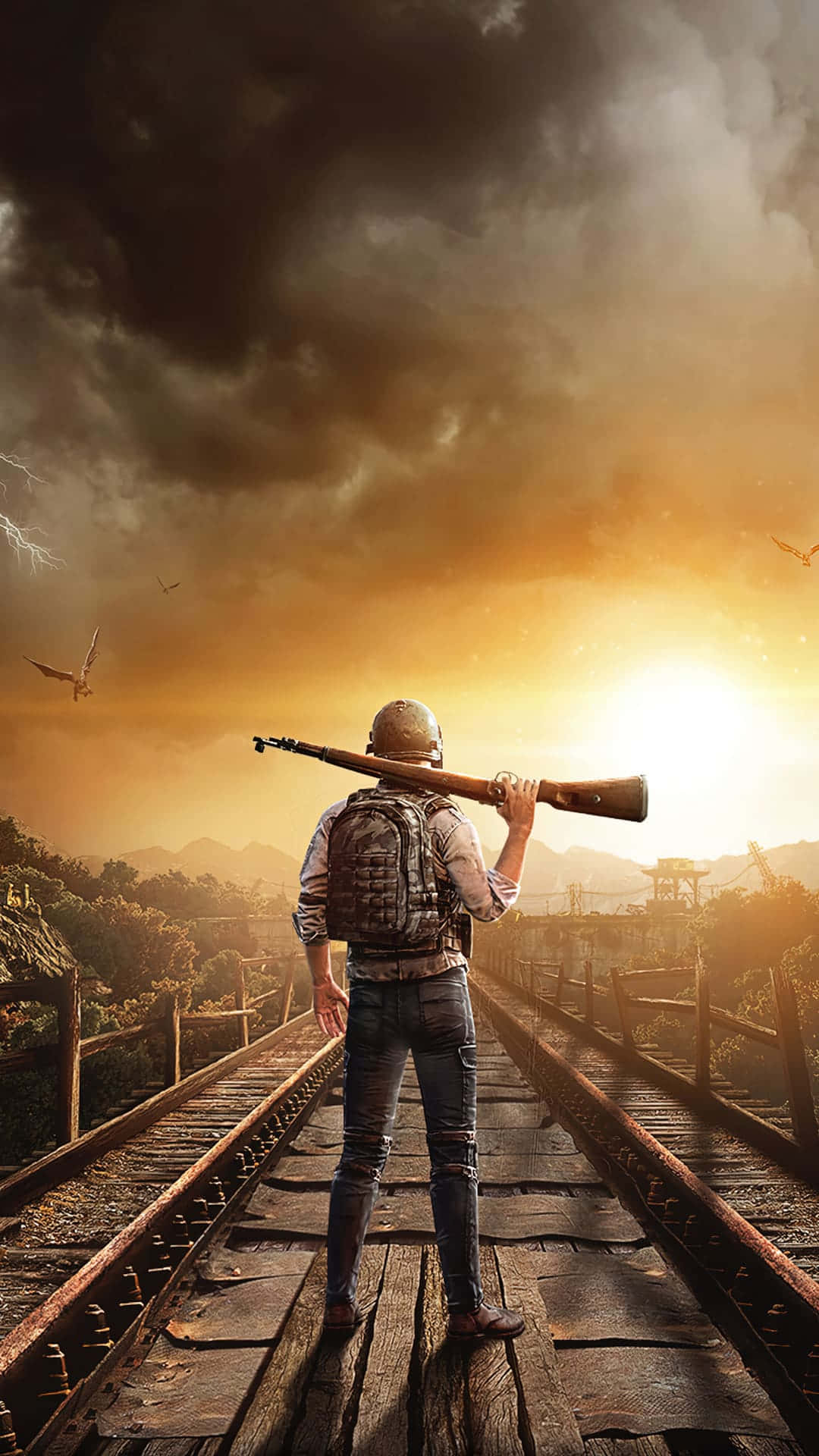 En mand med et gevær stående på jernbanespor Wallpaper
