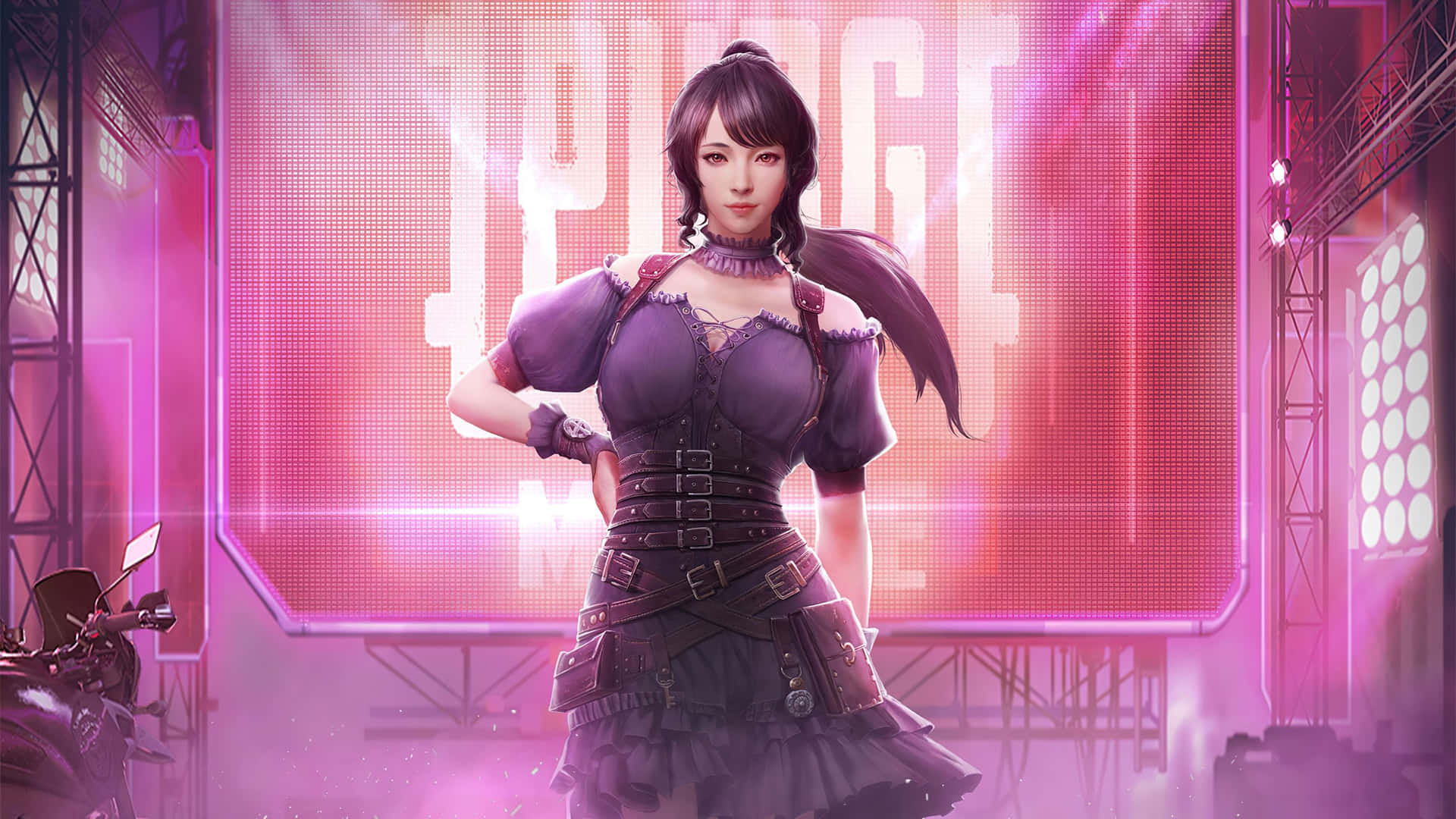 Caption: Fierce PUBG Gamer Girl with Purple Hair Wallpaper
