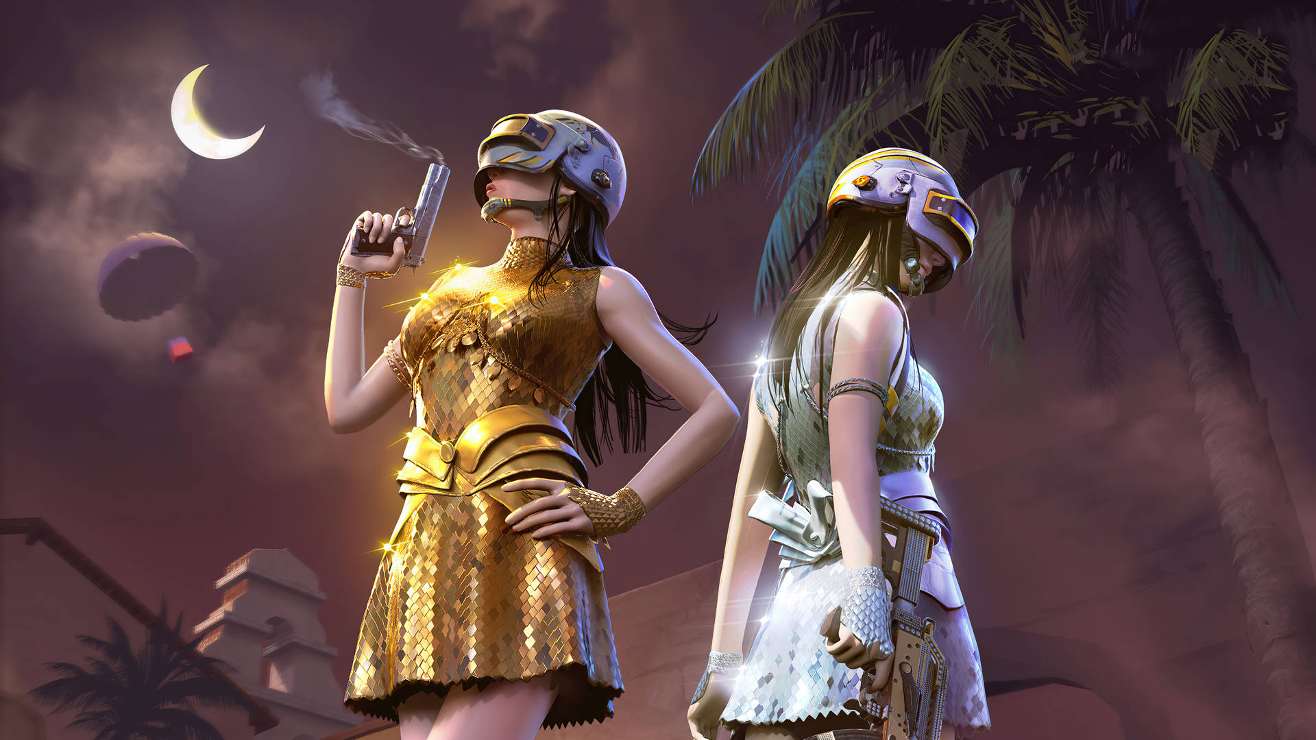 PUBG Squad Two Girls Silver And Golden Dress Wallpaper