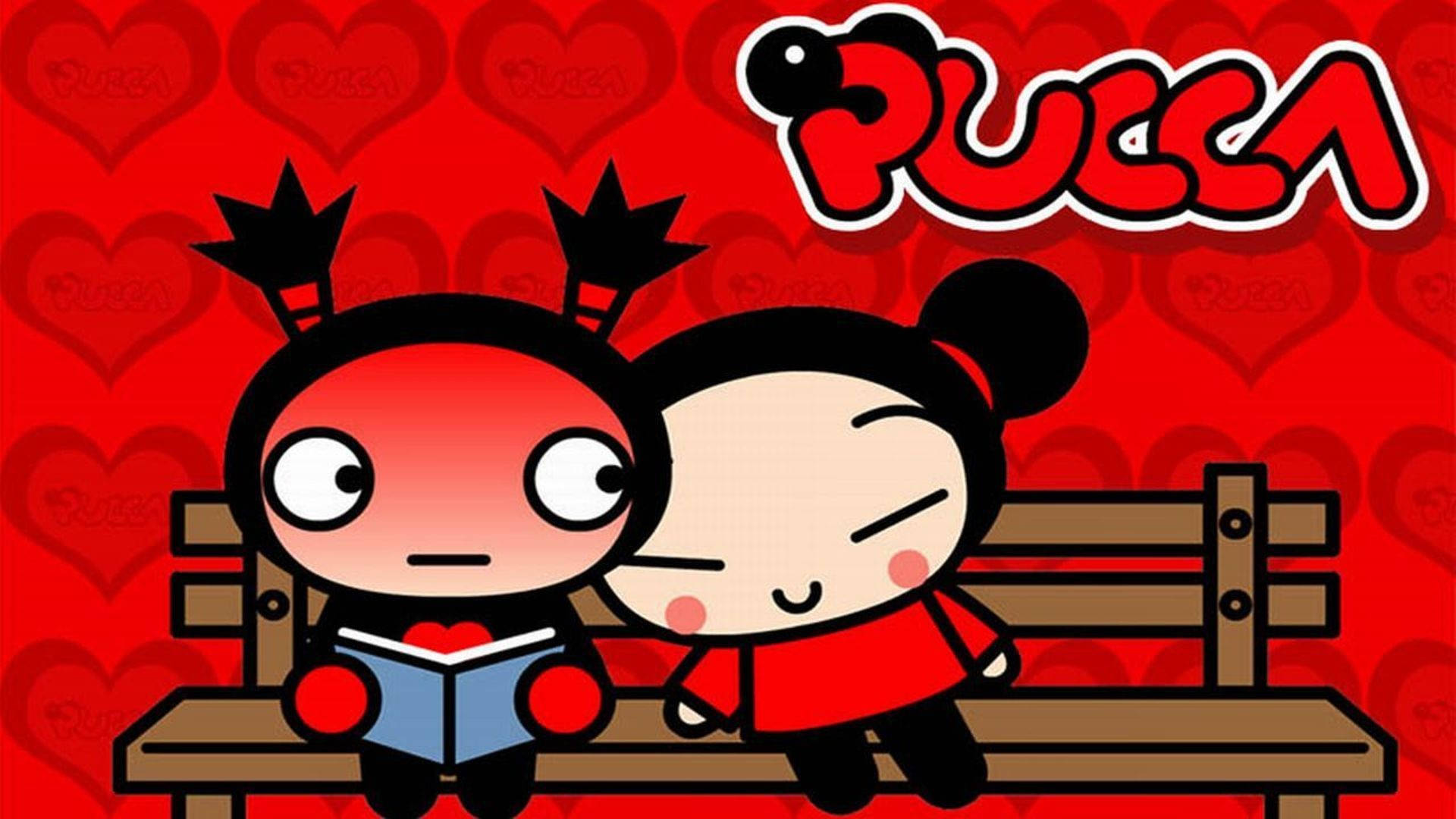 Pucca And Garu Sitting On Bench Background