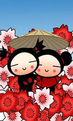 Pucca And Garu With Flowers Background