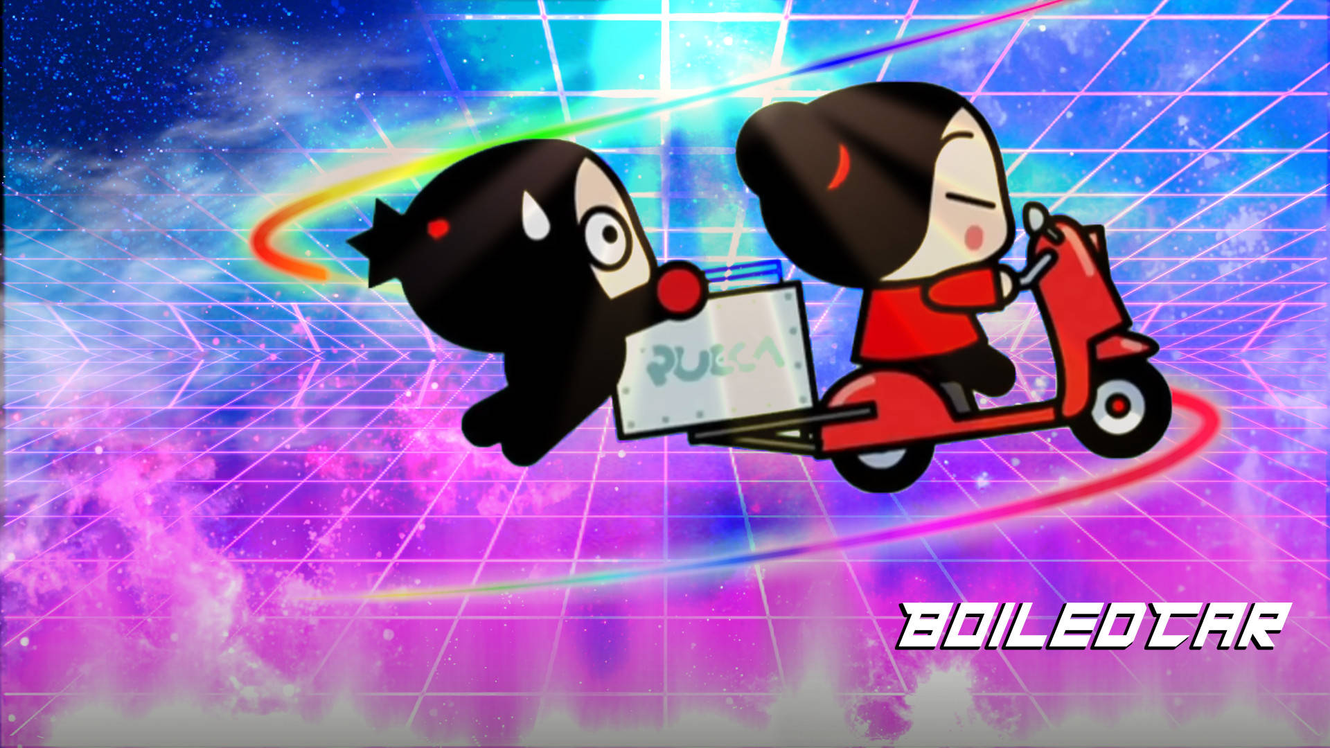 Pucca Driving Scooter With Garu Background