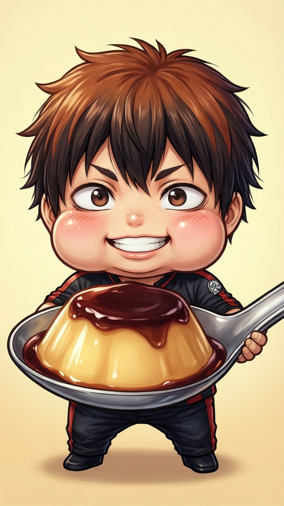 Chibi anime boy holding spoonful of caramel custard dessert with joyful expression. wallpaper