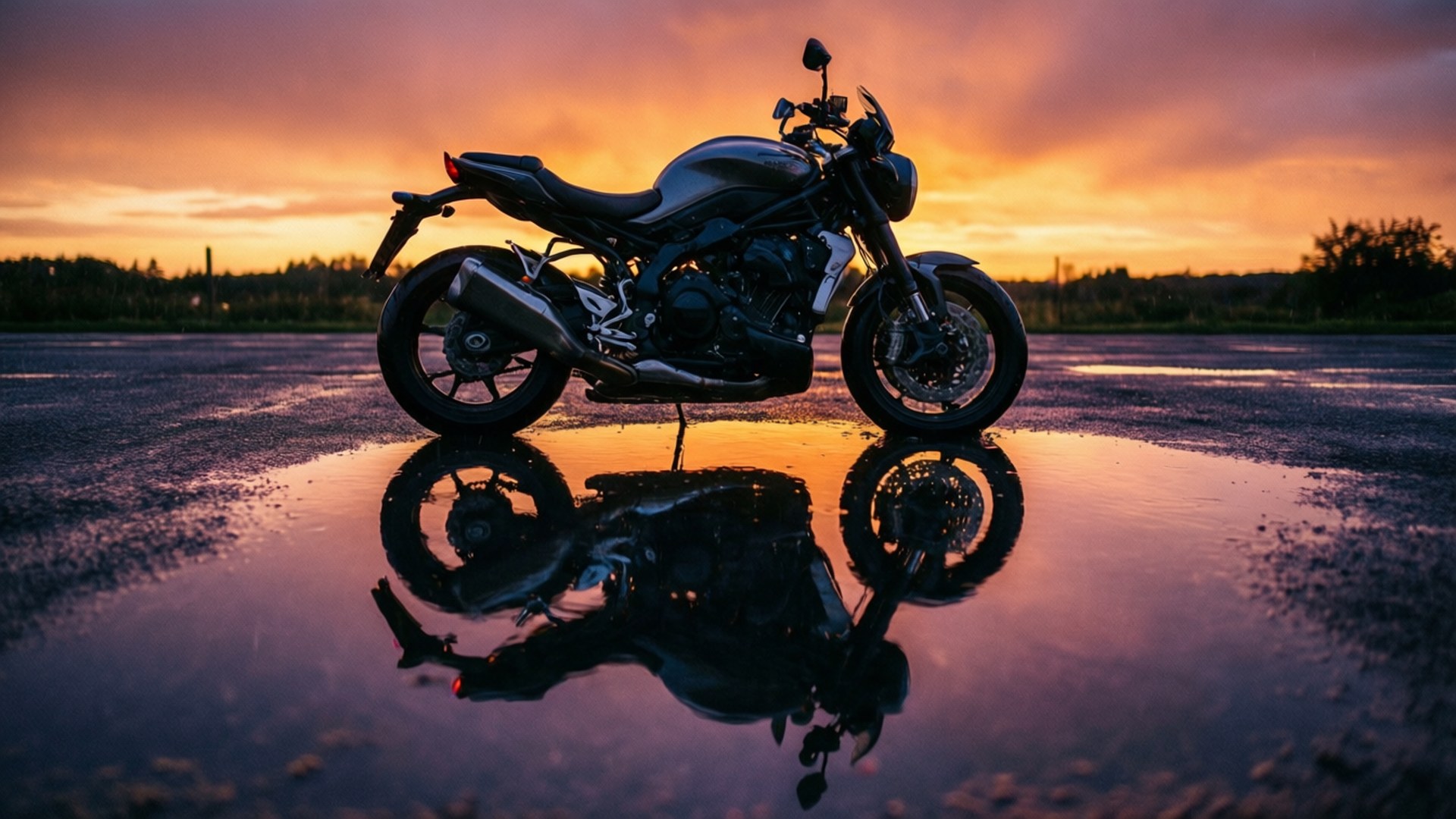 En Lauge Jensen motorcykel reflekterad i en pöl vid solnedgång med livfulla färger.