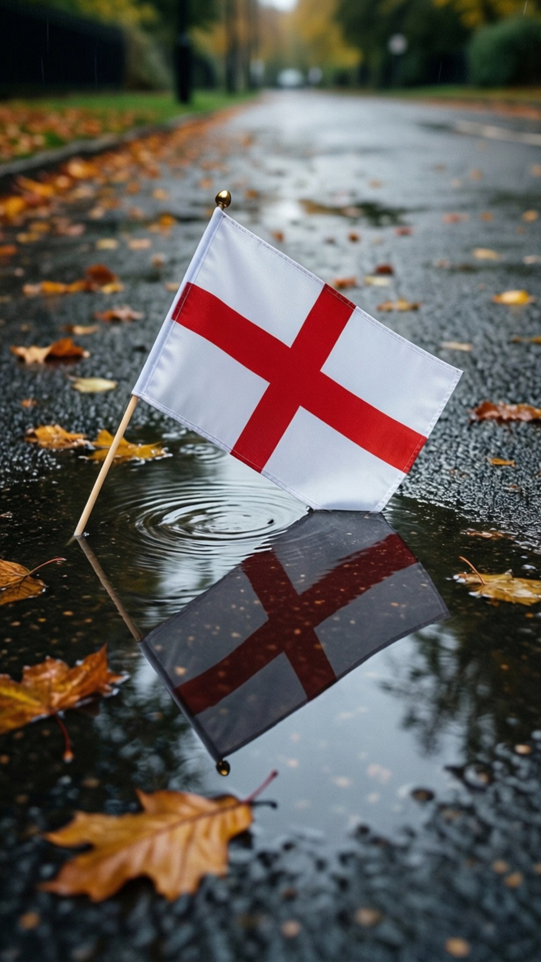 Englands flagga reflekterad i en regnpöl på gatan.