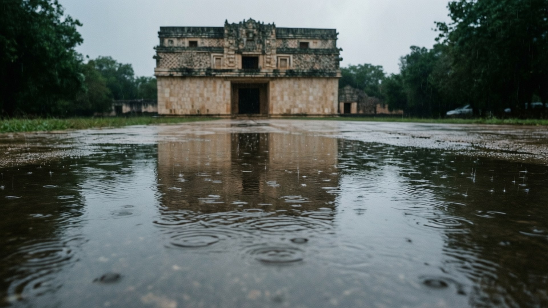 Rainy scene at Uxmal with the palace reflected in a puddle.