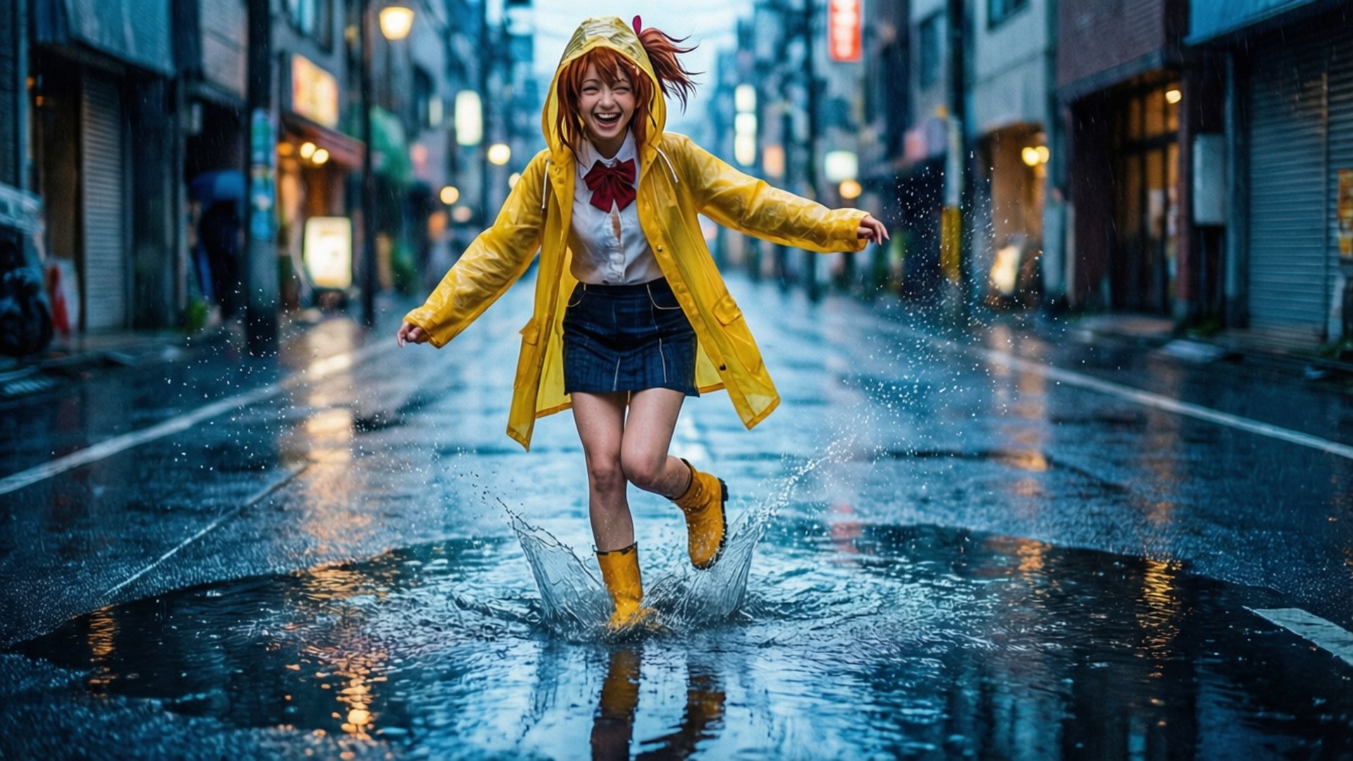 Sayori éclabousse joyeusement dans les flaques d'eau tout en portant un imperméable.