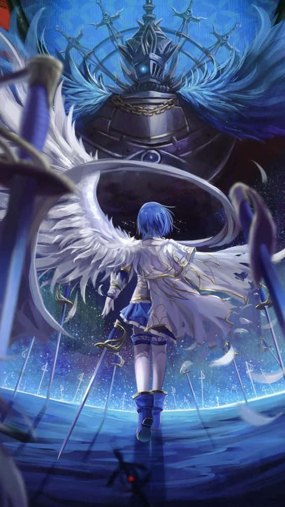 A Girl With Wings And Swords Standing In The Middle Of The Ocean Wallpaper