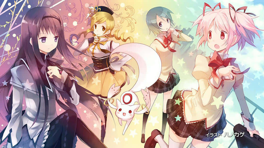 Einegruppe Von Anime-mädchen Steht Vor Einem Hintergrund Mit Einem Regenbogen. Wallpaper