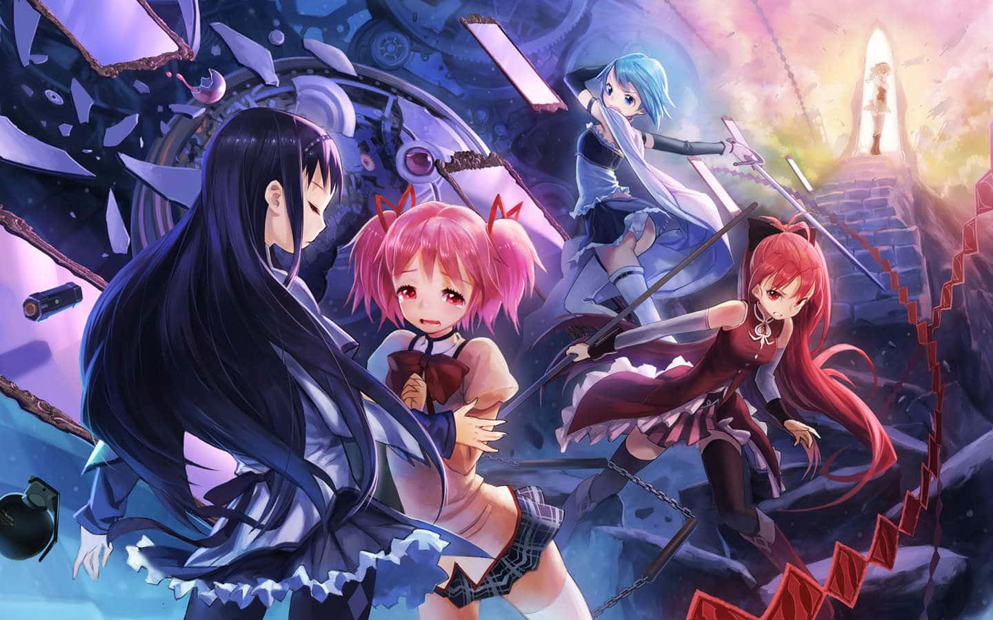 A Group Of Anime Girls Standing In A Dark Room Wallpaper