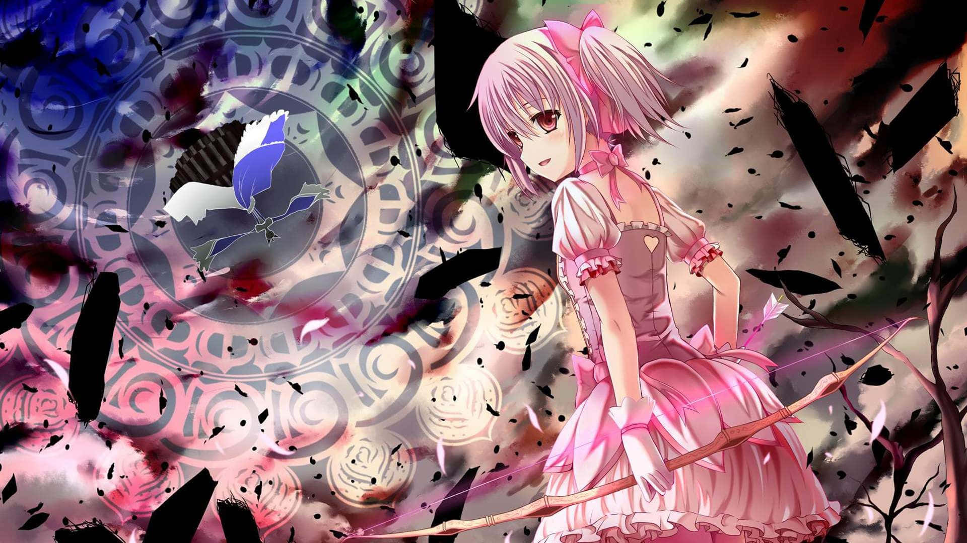 De magiske piger fra Puella Magi Madoka Magica står højt i al deres pink glorie. Wallpaper