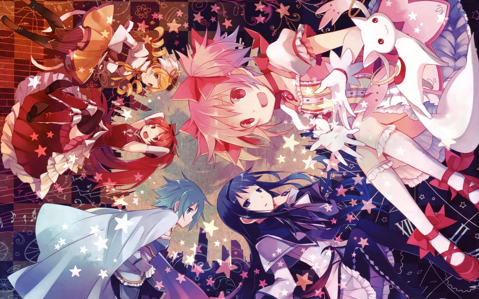 "The Main Characters of Puella Magi Madoka Magica Gather Together" Wallpaper