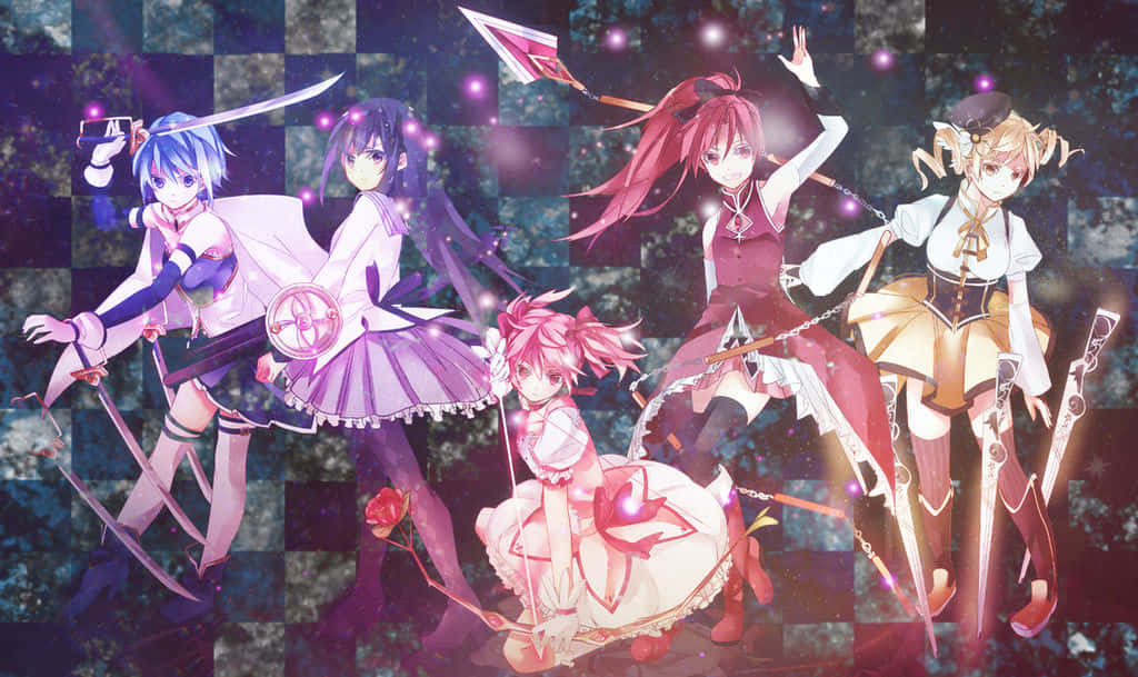 En gruppe anime-piger stående på et kontrolleret baggrundsmønster Wallpaper