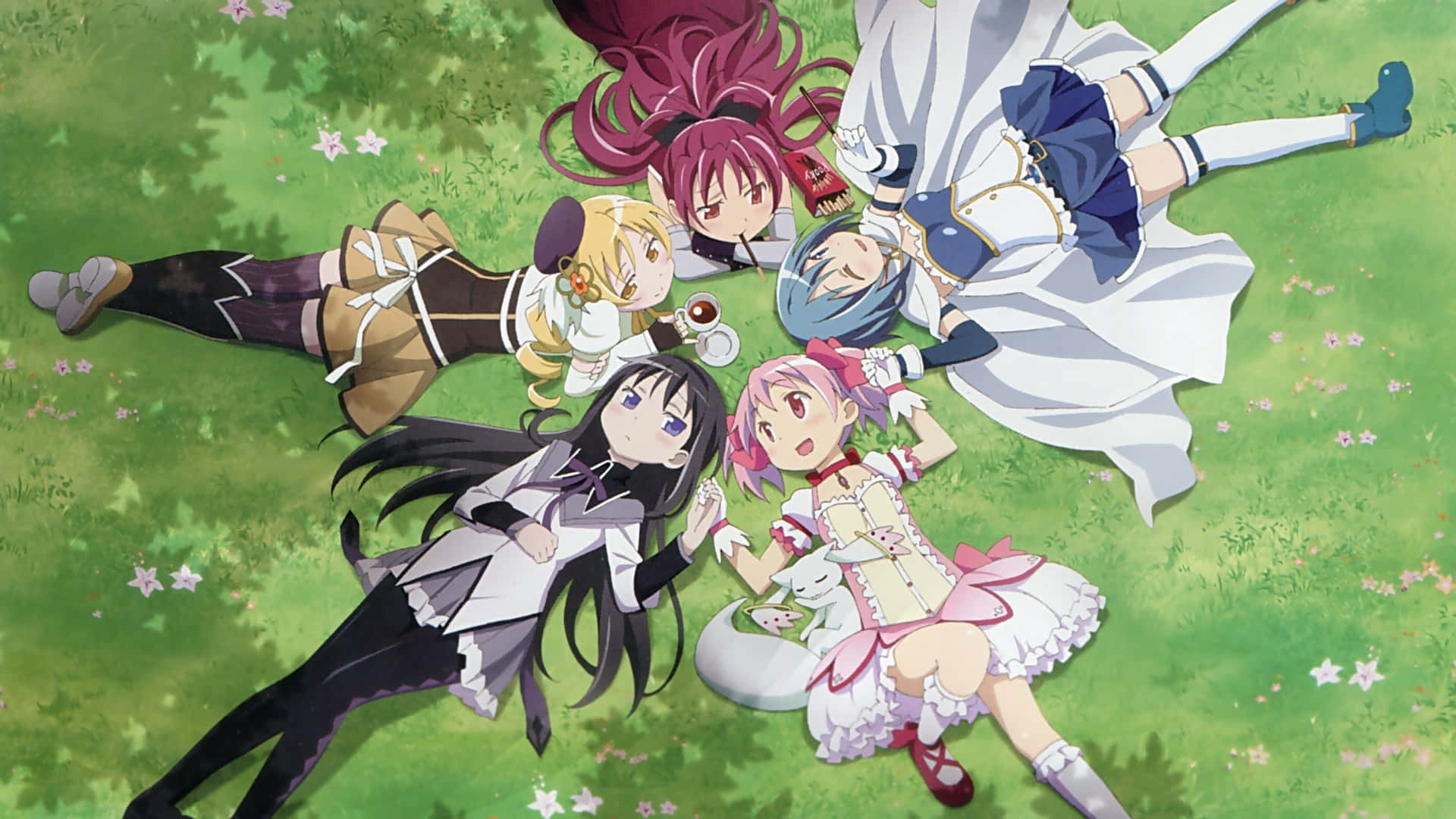 En gruppe anime-piger ligger på græsset Wallpaper
