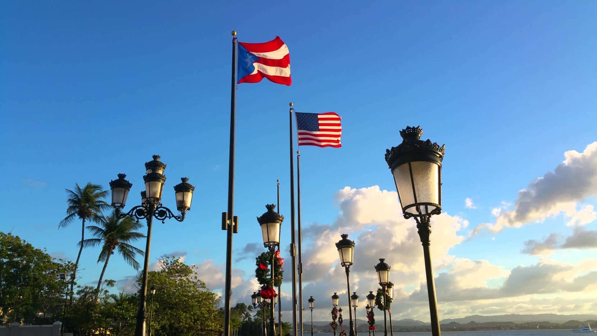 Puerto Rico Vlaggen En Straatlampen Achtergrond