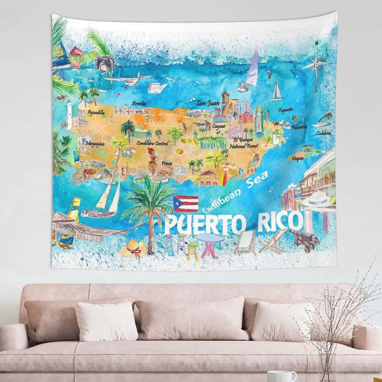 Puerto Rico Kaart Kunst Wandtapijt Achtergrond