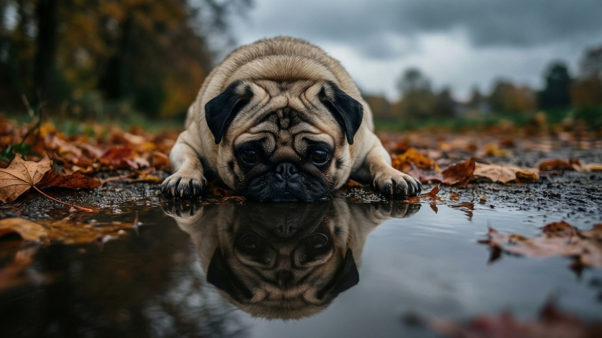 A pug gazing at its reflection in a puddle.