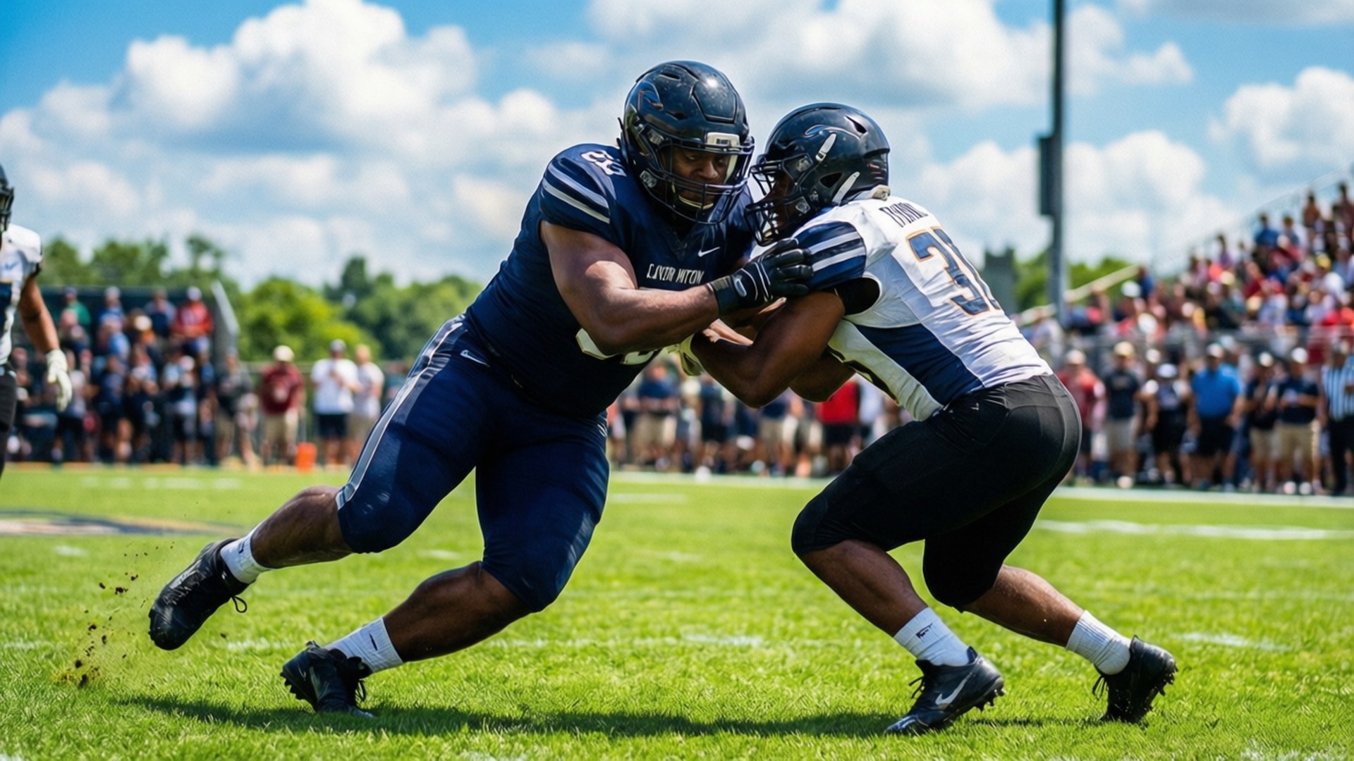 Taylor Moton executando um pull block sob luz do dia intensa.