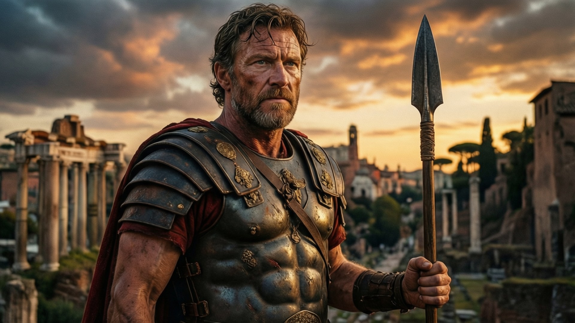 Biografisk bakgrundsbild av Ray Stevenson som Pullo stående segrande i antikens Rom