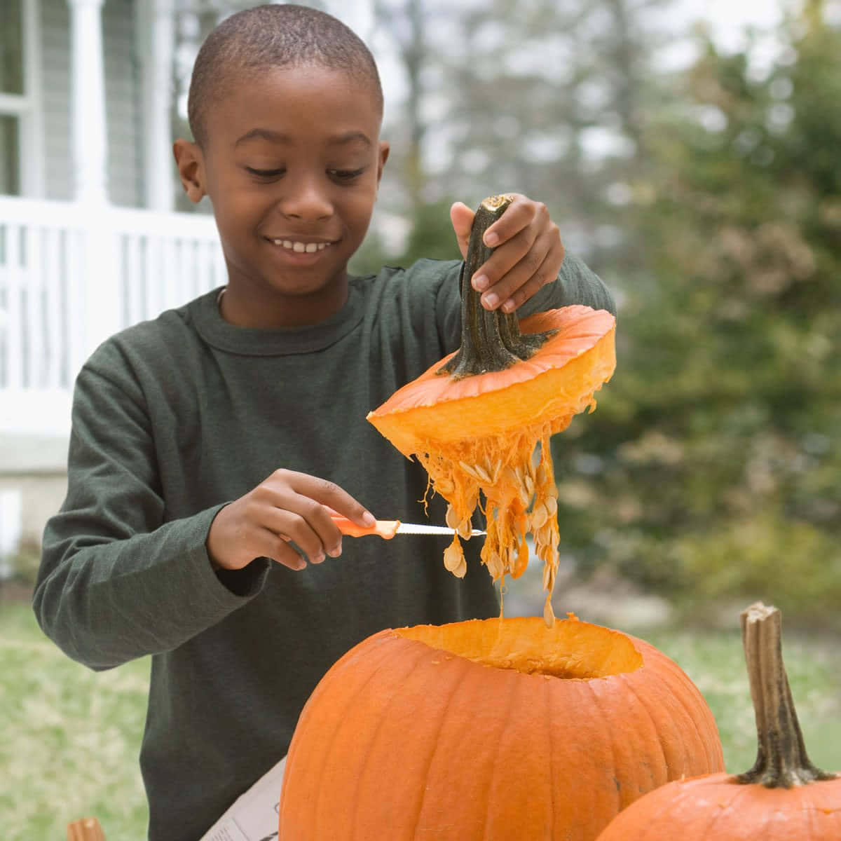 Kid Creating A Pumpkin Carving Pictures